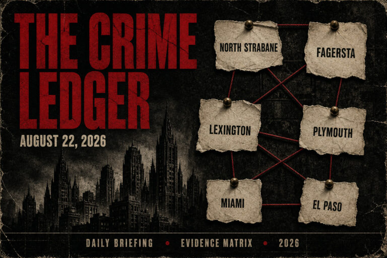 THE CRIME LEDGER cover for August 22, 2026. Distressed noir dossier with gothic skyline and evidence scraps for North Strabane, Fagersta, Lexington, Plymouth, Miami, El Paso.