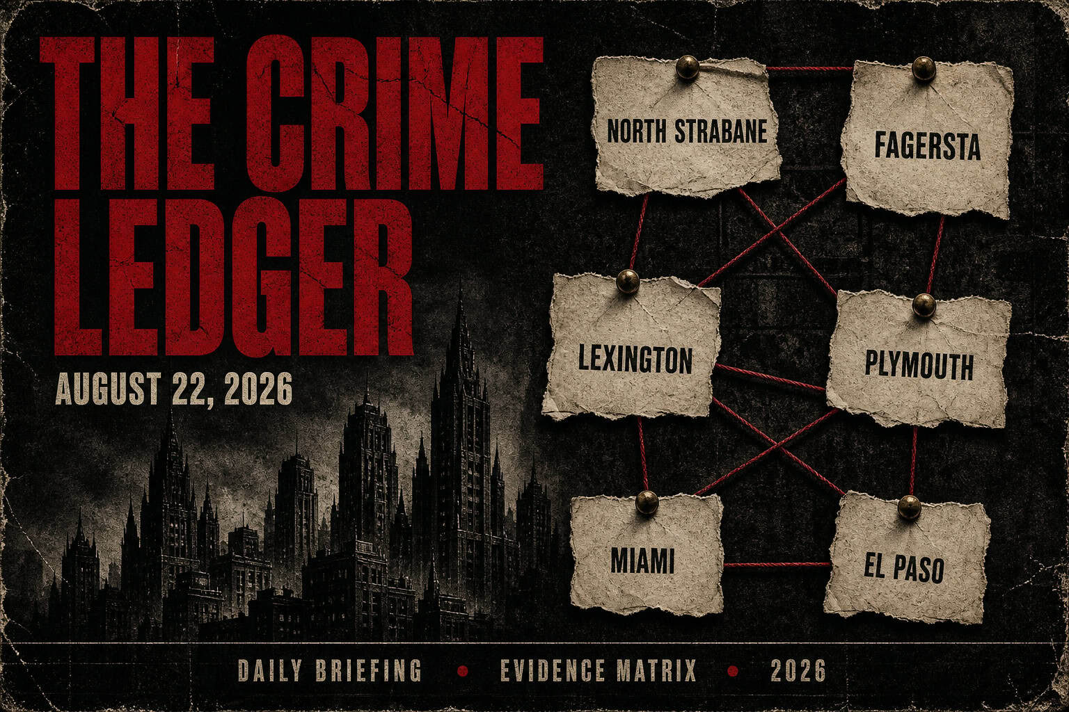 THE CRIME LEDGER cover for August 22, 2026. Distressed noir dossier with gothic skyline and evidence scraps for North Strabane, Fagersta, Lexington, Plymouth, Miami, El Paso.