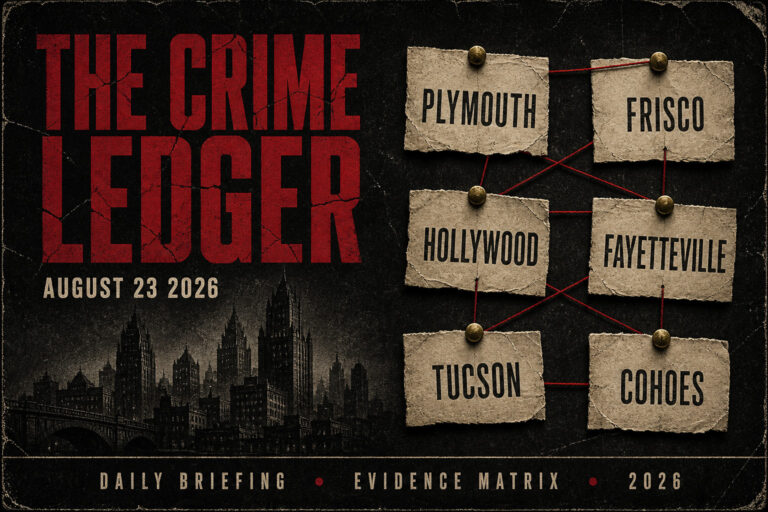Distressed noir Crime Ledger dossier cover dated August 23 2026, wine-red cracked title, gothic skyline, red-pin scraps for Plymouth, Frisco, Hollywood, Fayetteville, Tucson, and Cohoes.