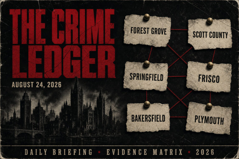 THE CRIME LEDGER cover for August 24, 2026. Distressed noir dossier with gothic skyline and evidence scraps for Forest Grove, Scott County, Springfield, Frisco, Bakersfield, Plymouth.