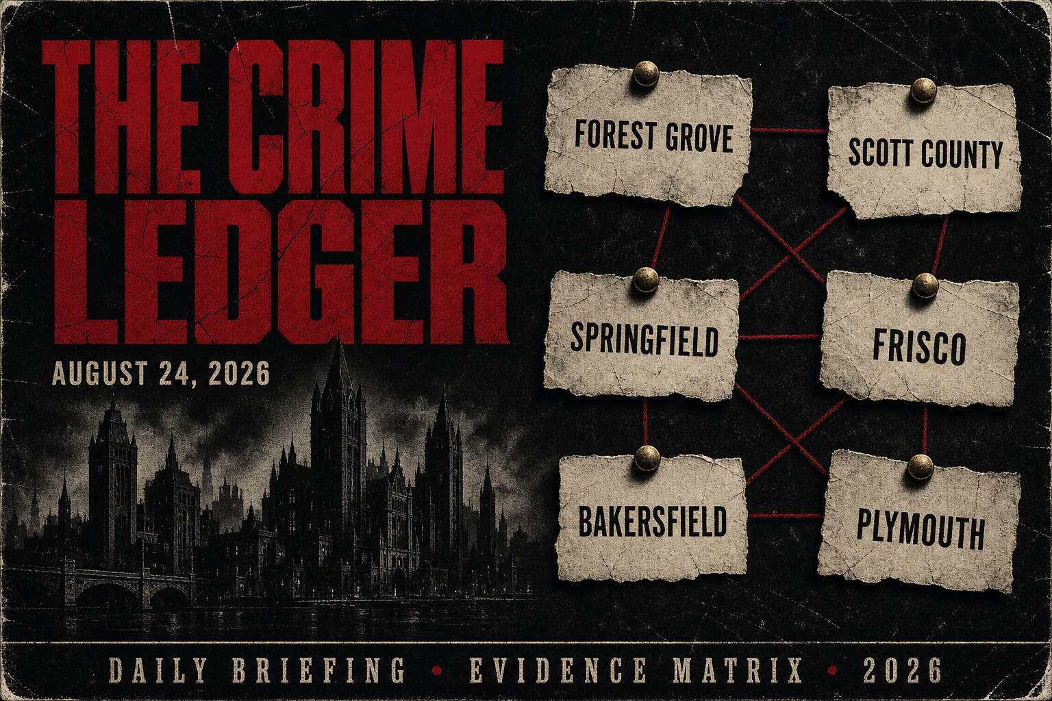 THE CRIME LEDGER cover for August 24, 2026. Distressed noir dossier with gothic skyline and evidence scraps for Forest Grove, Scott County, Springfield, Frisco, Bakersfield, Plymouth.