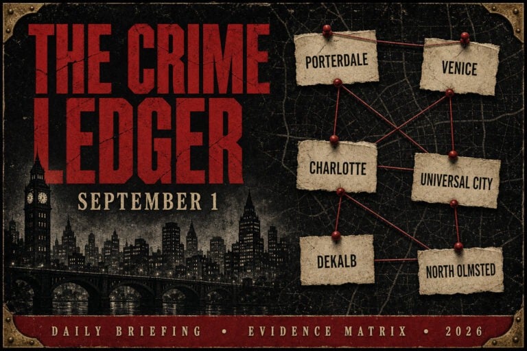 THE CRIME LEDGER cover for September 1, 2026. Distressed noir dossier with gothic skyline and evidence scraps for Porterdale, Venice, Charlotte, Universal City, DeKalb, North Olmsted.