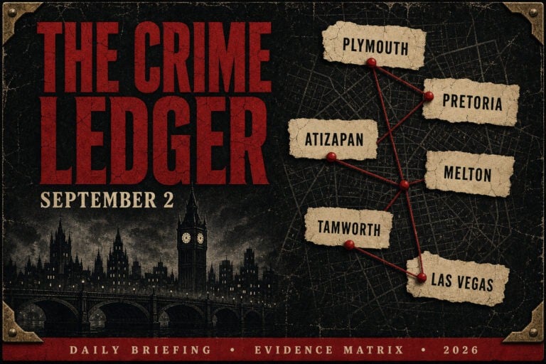 THE CRIME LEDGER cover for September 2, 2026. Distressed noir dossier with gothic skyline and evidence scraps for Plymouth, Pretoria, Atizapan, Melton, Tamworth, Las Vegas.