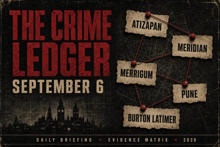 THE CRIME LEDGER cover for September 6, 2026. Distressed noir dossier with gothic skyline and evidence scraps for Atizapan, Meridian, Merrigum, Pune, Burton Latimer.