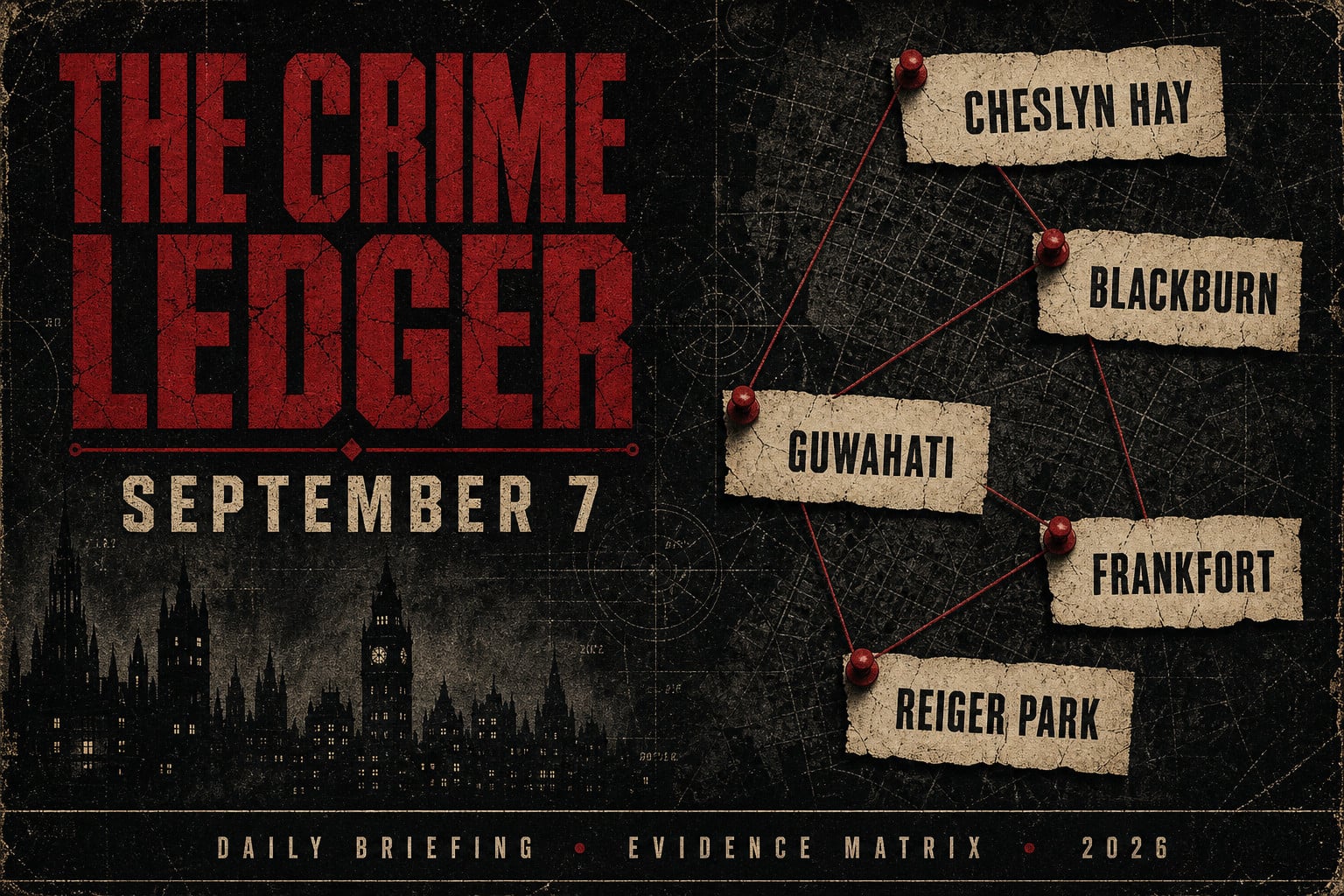 THE CRIME LEDGER cover for September 7, 2026. Distressed noir dossier with gothic skyline and evidence scraps for Cheslyn Hay, Blackburn, Guwahati, Frankfort, Reiger Park.