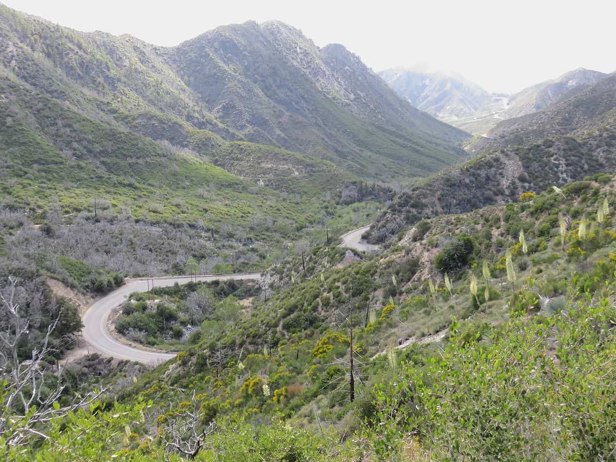 The Angeles Crest Highway winding through a steep, brush-covered valley in the San Gabriel Mountains, 2019