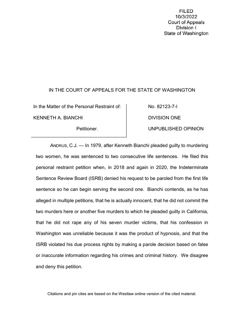 Exhibit CF-1: Wash. Ct. App., In re PRP of Bianchi (2022), p. 1. Opinion page one, No. 82123-7-I, filed Oct. 3, 2022 (unpublished). The court summarizes the pleas, the 2018 and 2020 board decisions and the petition.