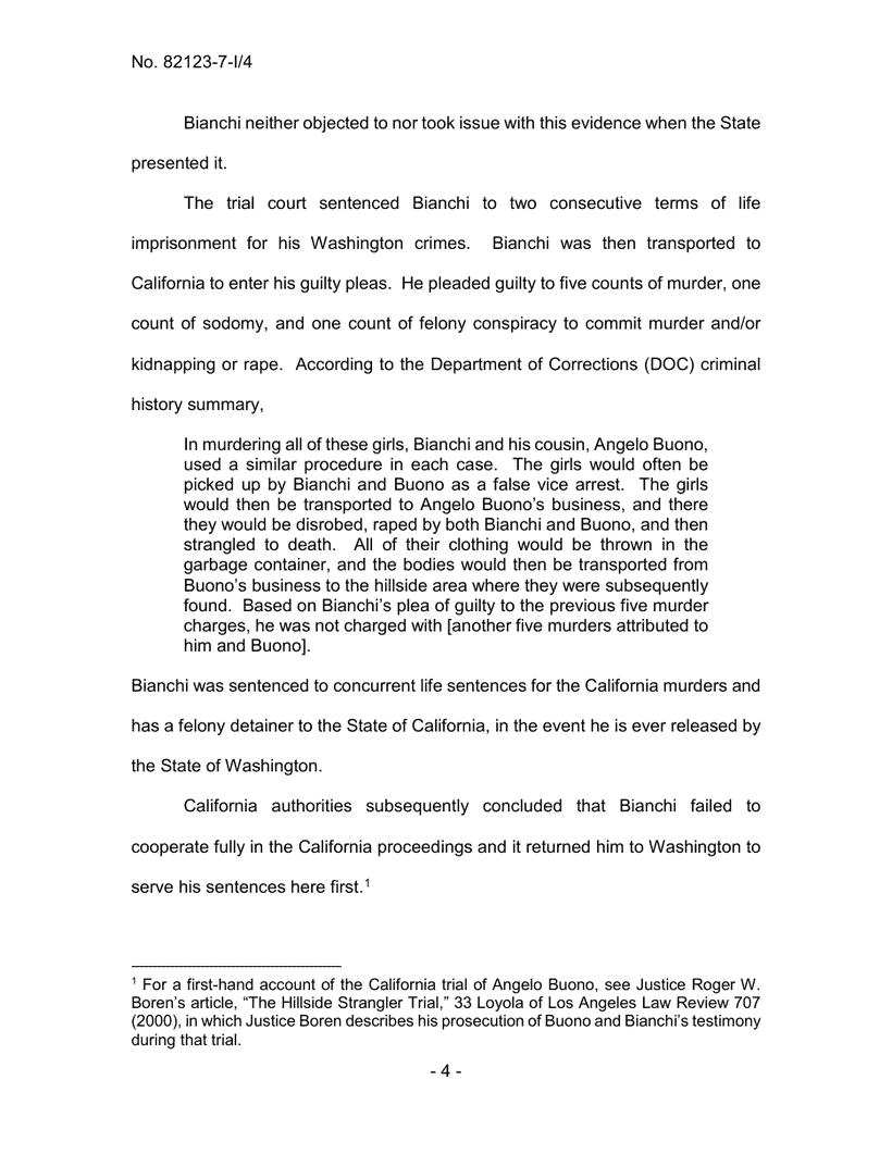 Exhibit CF-3: Wash. Ct. App. (2022), p. 4. The Department of Corrections summary of the Los Angeles method: “a false vice arrest,” Buono’s business, clothing in the garbage, the hillsides.