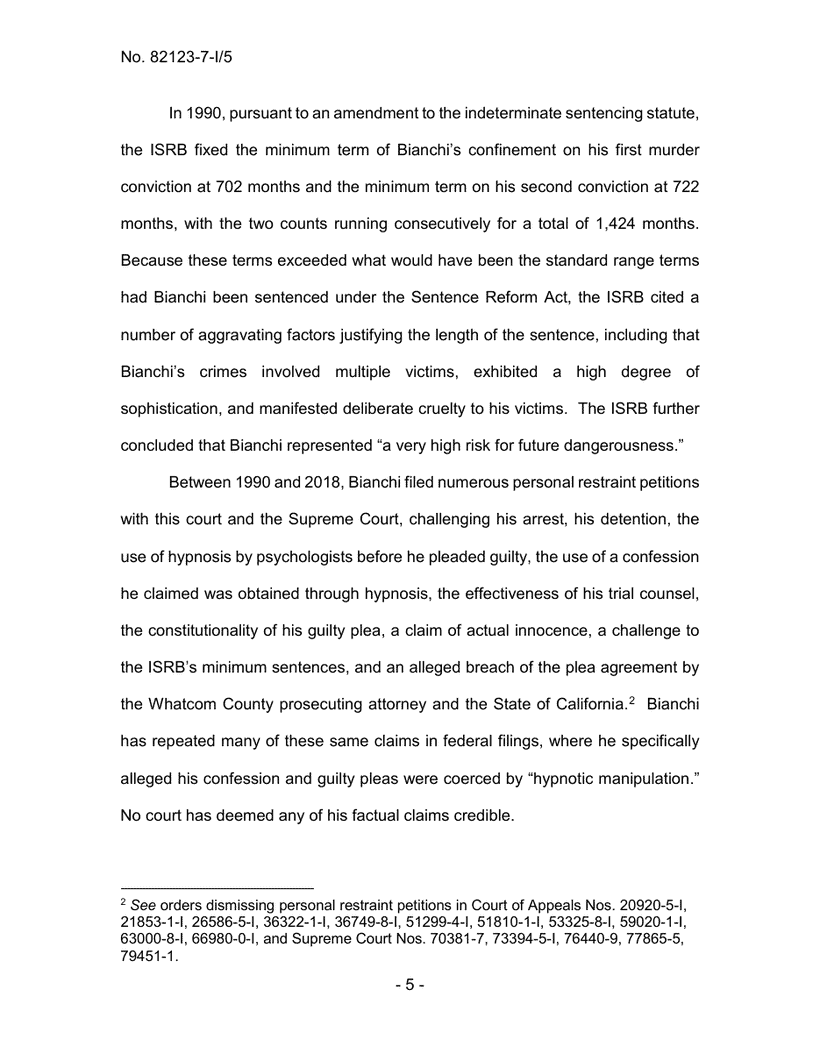 Exhibit CF-4: Wash. Ct. App. (2022), p. 5. The 1990 minimum terms: 702 + 722 months = 1,424, and the list of prior petitions.