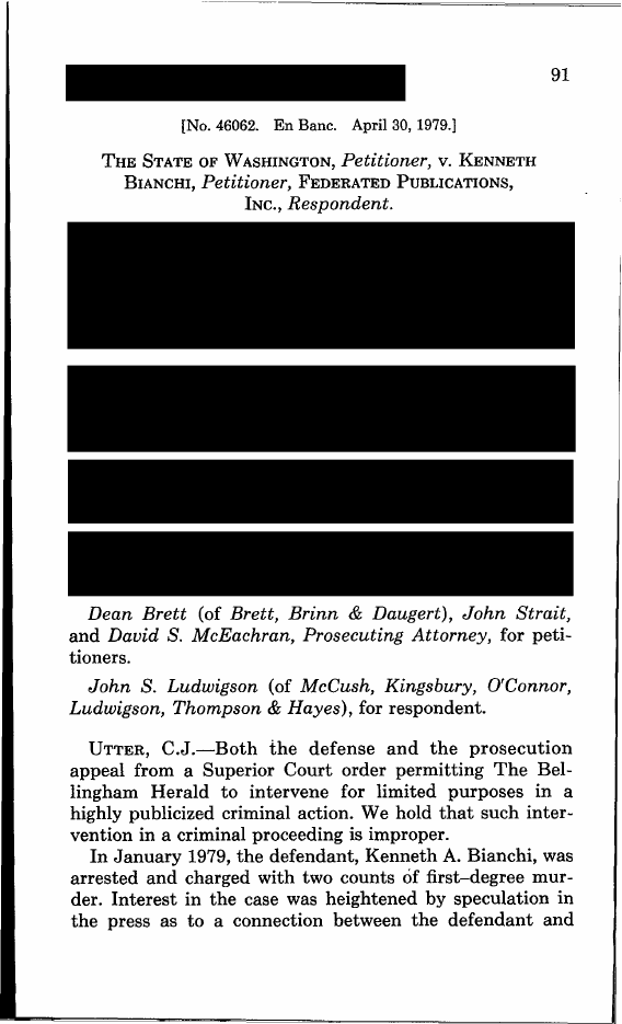 Exhibit CF-5: State v. Bianchi, 92 Wn.2d 91 (1979), p. 91. The Bellingham Herald’s intervention to unseal the probable-cause affidavit is reversed.