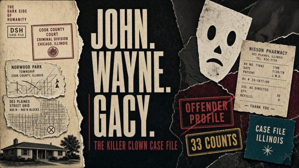 John Wayne Gacy's criminal profile with case details and mugshot mask.