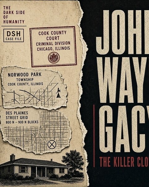 John Wayne Gacy's criminal profile with case details and mugshot mask.