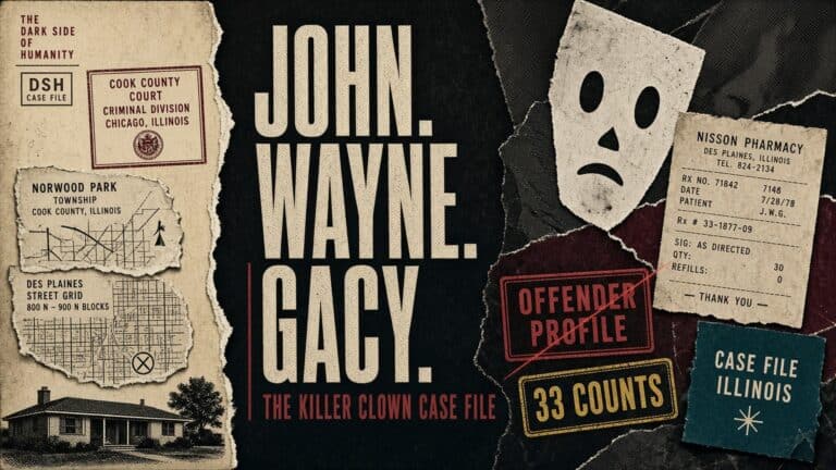 John Wayne Gacy's criminal profile with case details and mugshot mask.