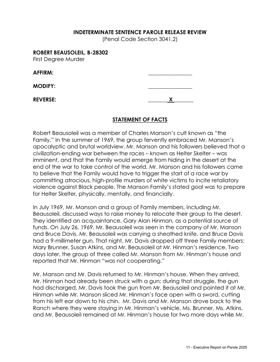 Exhibit CF-10: Governor’s parole report 2025, p. 11. Robert Beausoleil, B-28302: the Hinman facts.