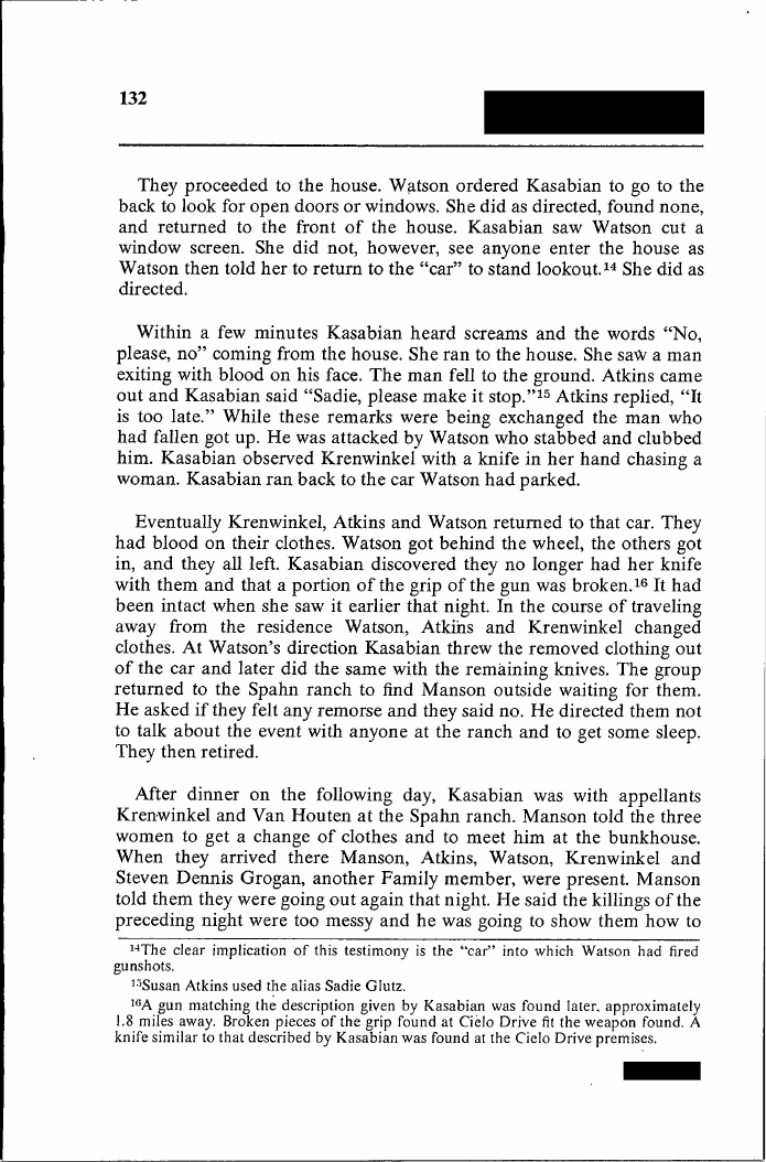 Exhibit CF-2: People v. Manson (1976), p. 132. Kasabian’s account of the Tate night: the screams, Frykowski, Krenwinkel chasing a woman.