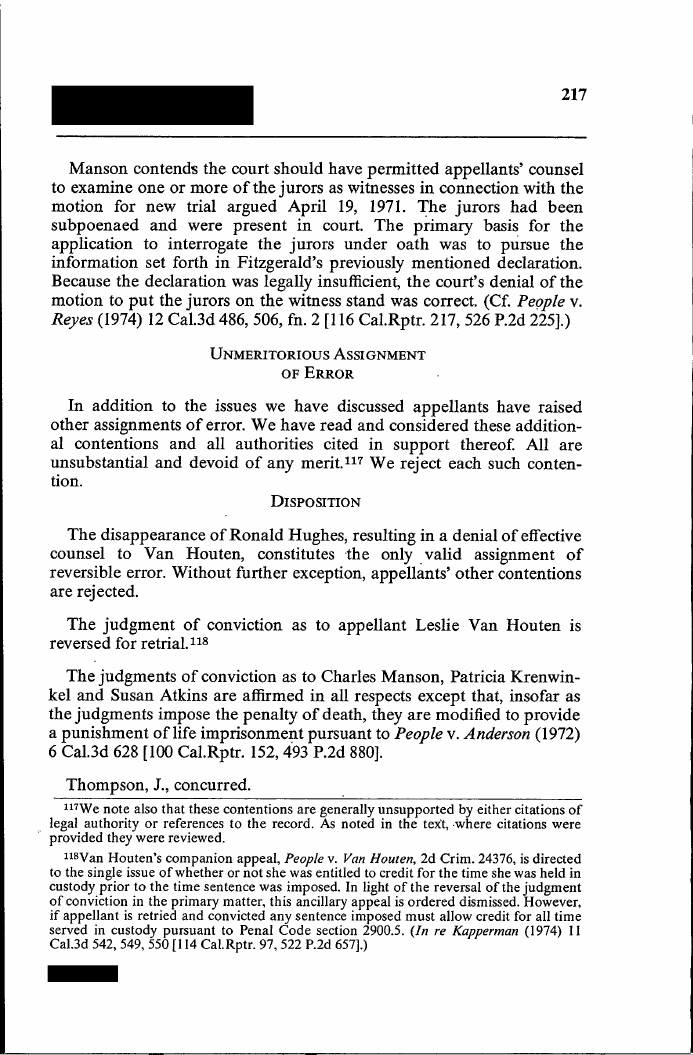 Exhibit CF-3: People v. Manson (1976), disposition. “The judgment of conviction as to appellant Leslie Van Houten is reversed for retrial.”