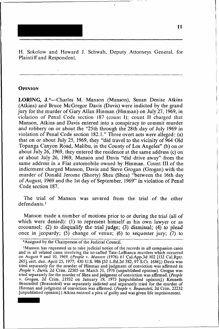 Exhibit CF-4: People v. Manson (1977), opinion. Justice Loring’s opinion: the Hinman and Shea indictment and the trial.