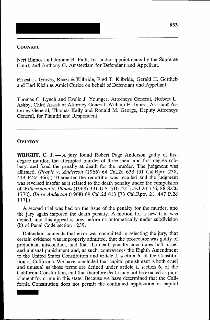 Exhibit CF-5: People v. Anderson (1972), opinion. The California Supreme Court’s death-penalty ruling that turned the sentences into life terms.