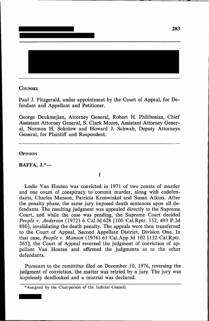 Exhibit CF-6: People v. Van Houten (1980), p. 283. Her 1971 conviction, the 1976 reversal, a hung jury and the third trial.