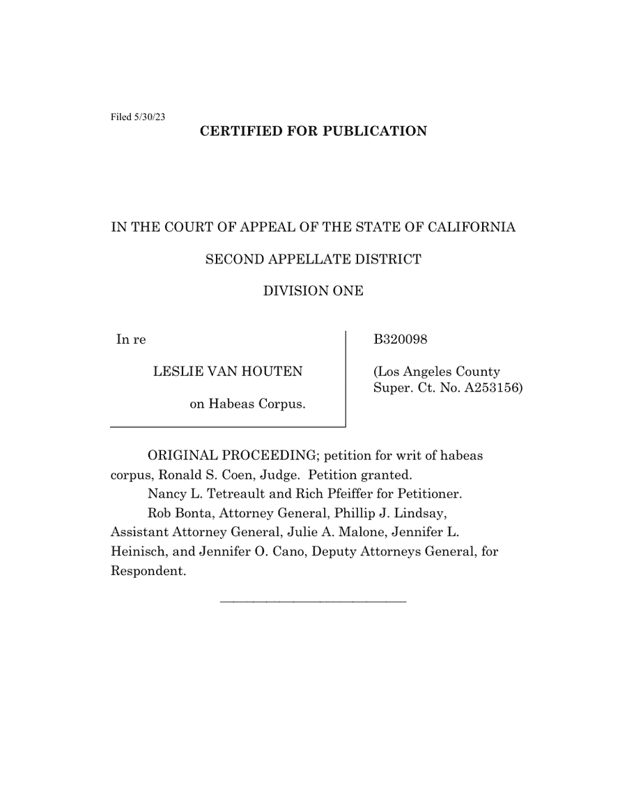 Exhibit CF-8: In re Van Houten (2023), p. 1. No. B320098, filed May 30, 2023: the habeas petition challenging the governor’s 2020 reversal.