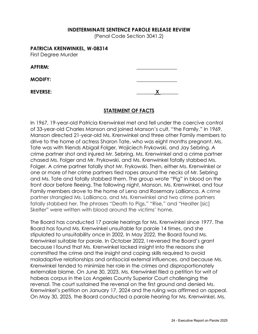 Exhibit CF-9: Governor’s parole report 2025, p. 24. Patricia Krenwinkel, W-08314: statement of facts and parole history.