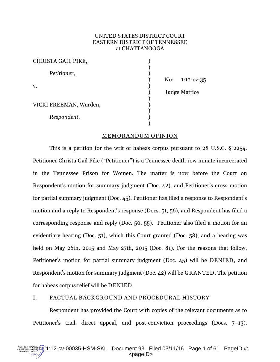 Exhibit CF-4: E.D. Tenn. memorandum opinion (2016), p. 1. Pike v. Freeman, No. 1:12-cv-35, Doc. 93.