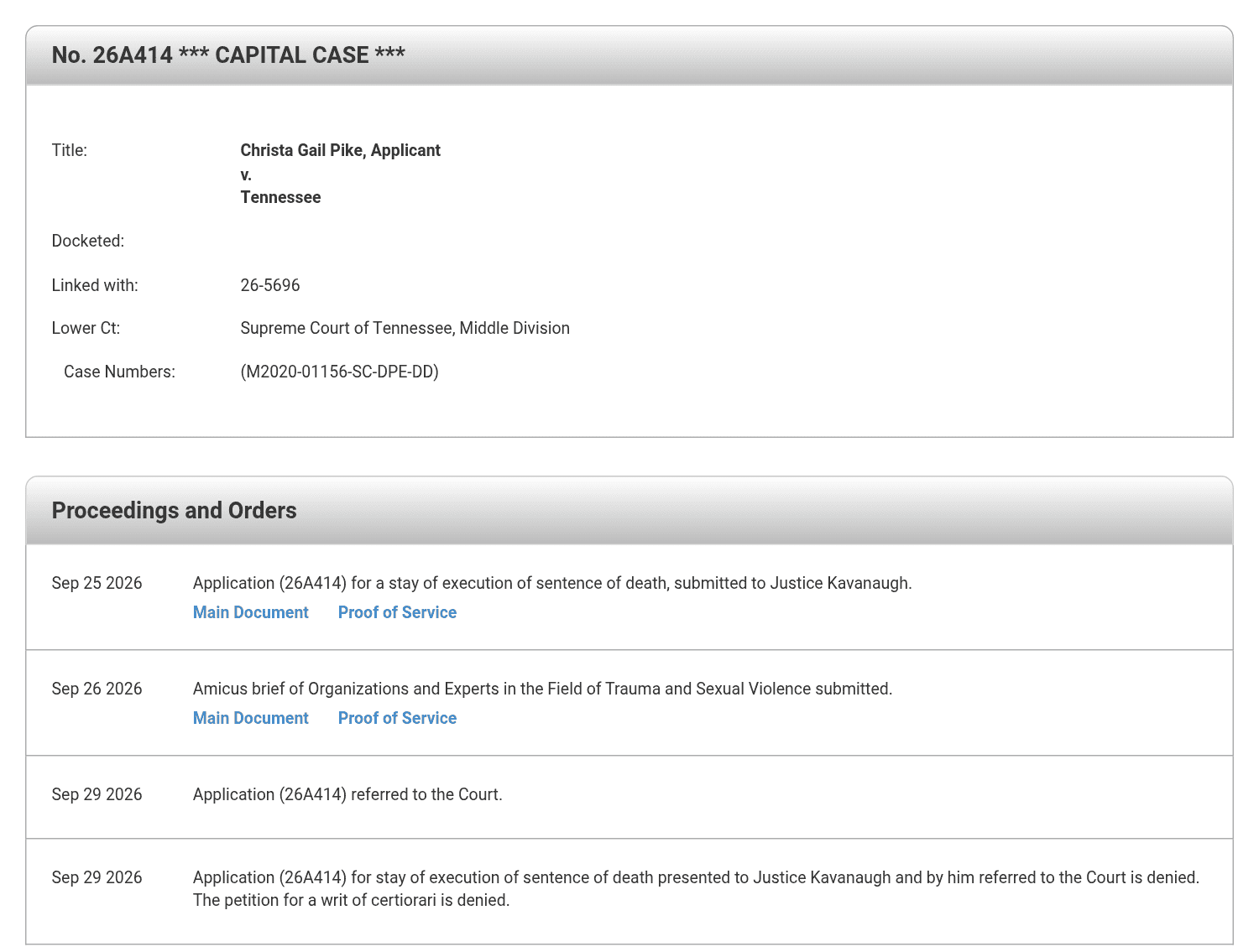 Exhibit CF-8: U.S. Supreme Court docket 26A414. Sept. 29, 2026: stay application and petition denied.