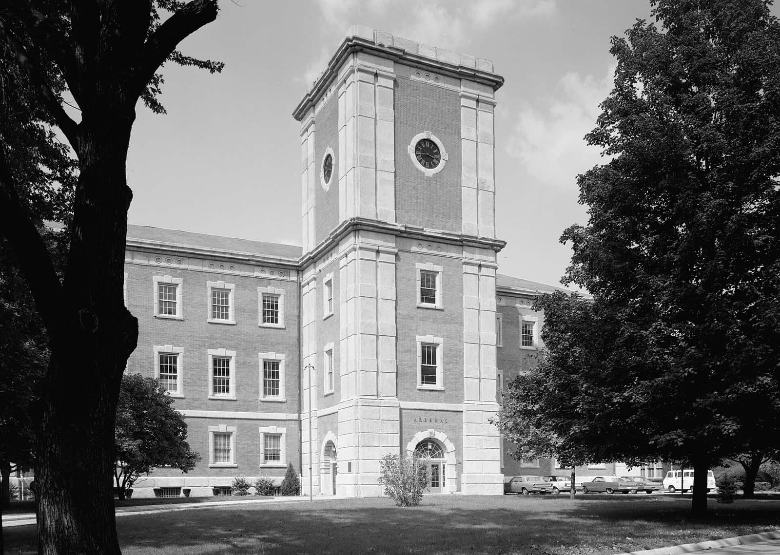 The front of the historic arsenal building at Arsenal Technical High School in Indianapolis, a brick Civil War era building