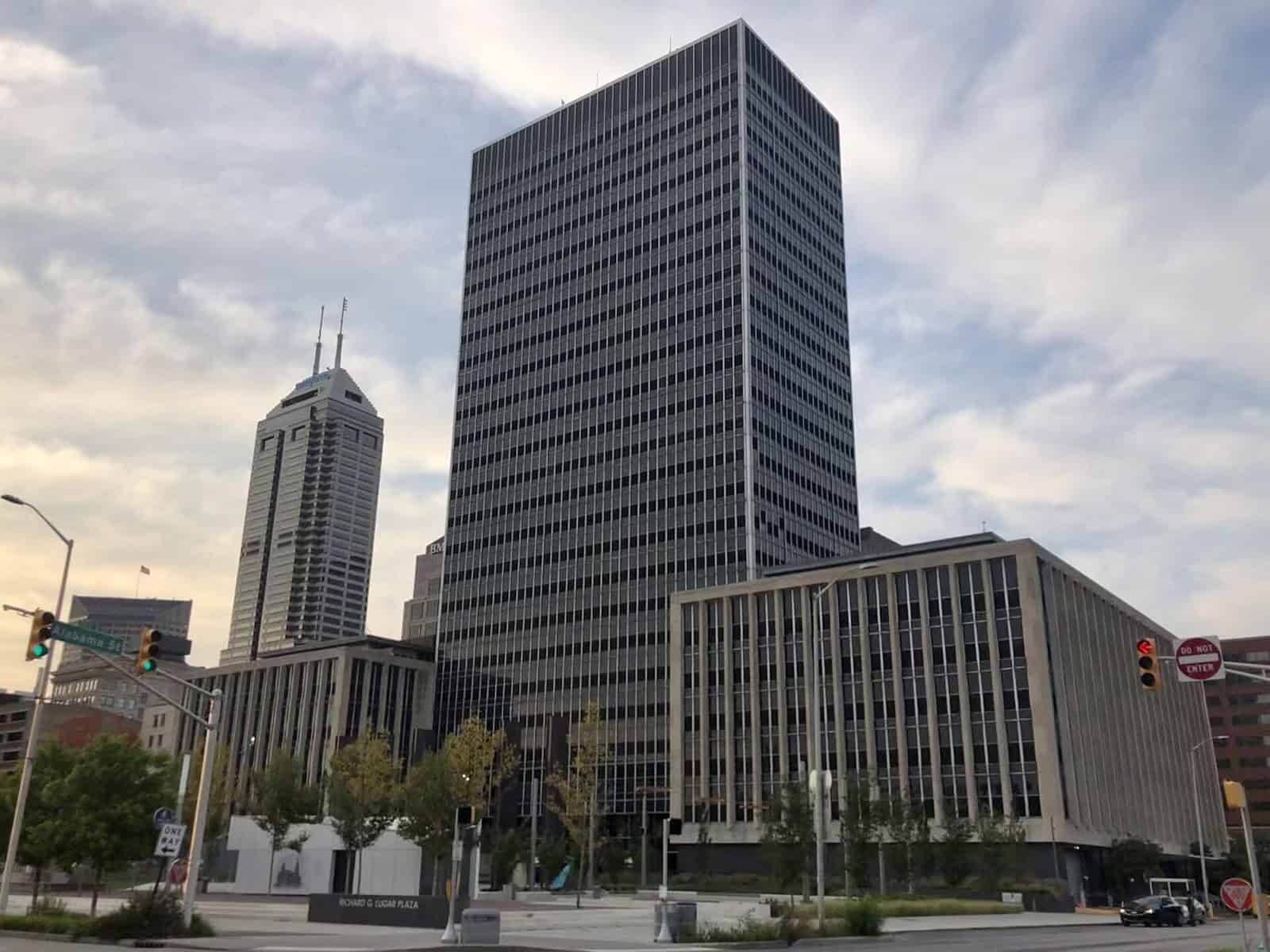 The City-County Building in downtown Indianapolis, a tall modernist office tower with a lower wing in front