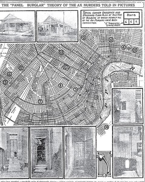 Illustrated map on rash of axe murders in New Orleans, 1919. see en:Axeman of New Orleans for details.