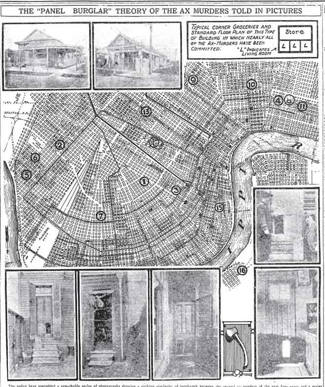 Illustrated map on rash of axe murders in New Orleans, 1919. see en:Axeman of New Orleans for details.