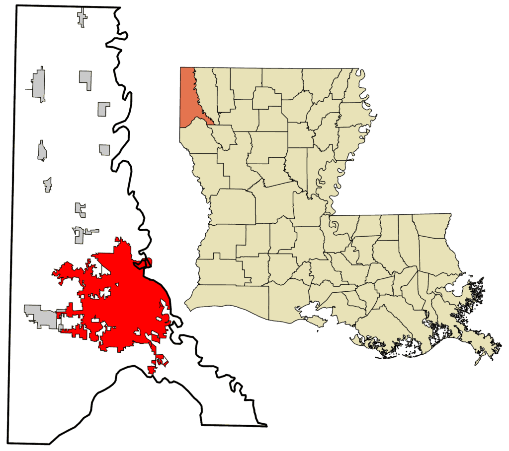 Shreveport, highlighted within Caddo Parish, Louisiana
