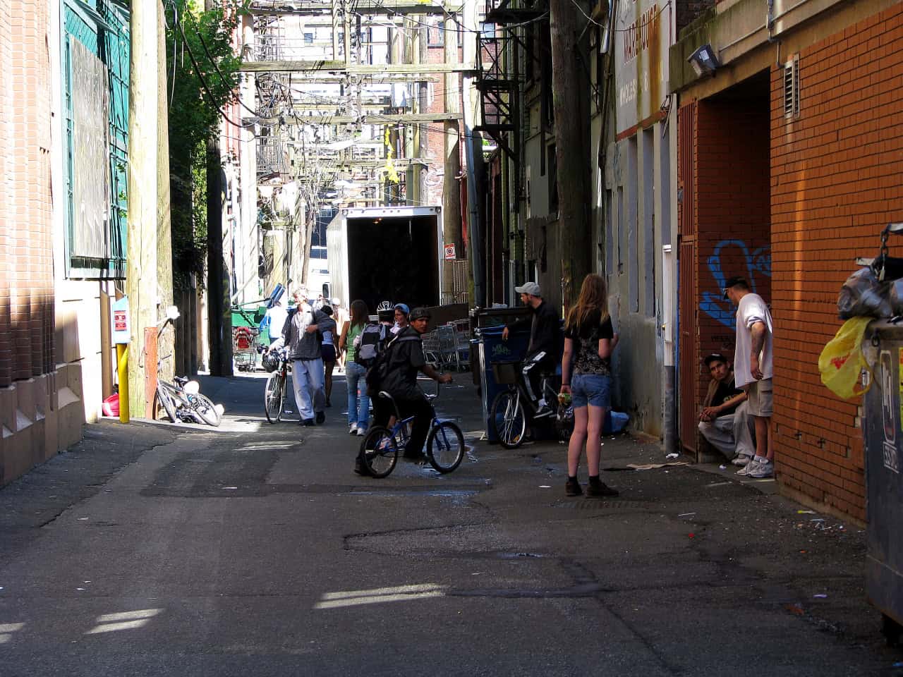 Typical alleyway scene during a hot summertime, in the ghetto downtown eastside area of Vancouver BC Canada.