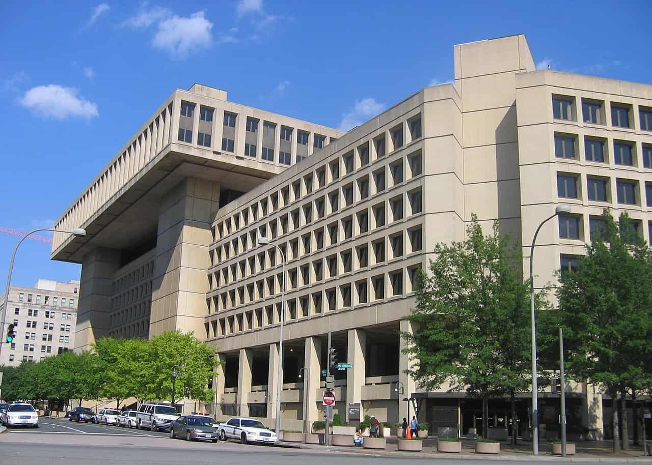 Standing on Pennsylvania Avenue NW and look up F Street NW at the J. Edgar Hoover Building, the headquarters of the Federal Bureau of Investigation in Washington, D.C., in the United States.