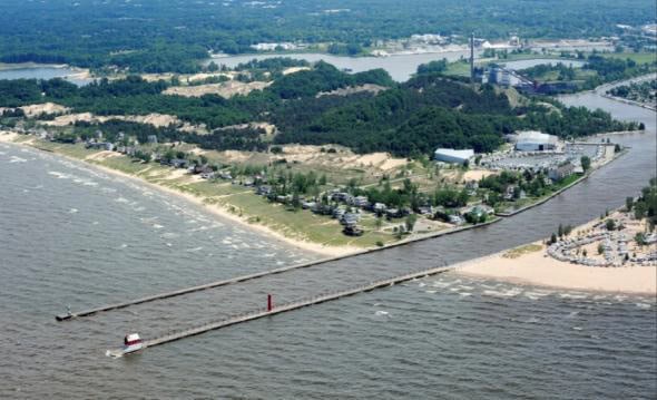 Grand Haven harbour, aerial view. Area context only.