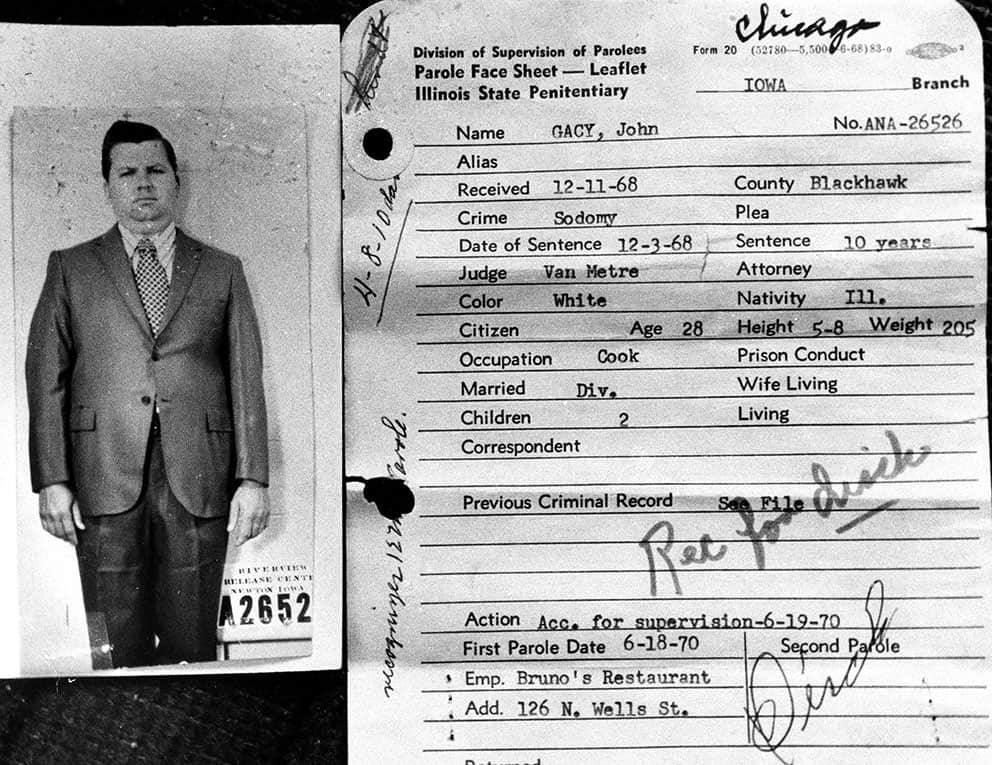 Serial killer John Wayne Gacy's release paperwork from Iowa. Gacy was convicted on sodomy charges in 1968 but was released on parole in 1970.