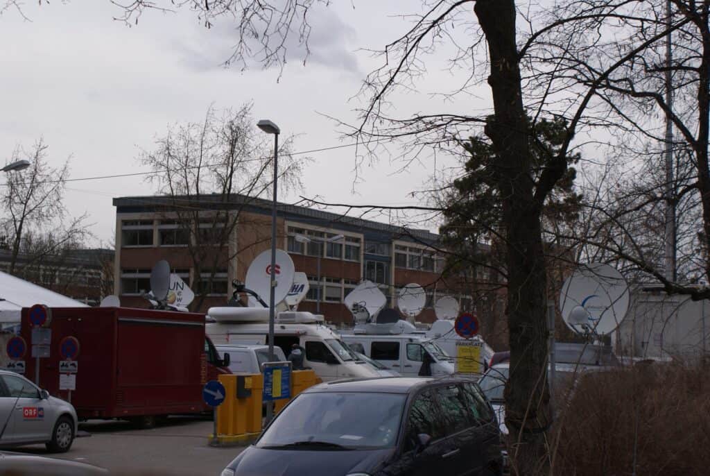 Broadcast vans outside the Fritzl trial