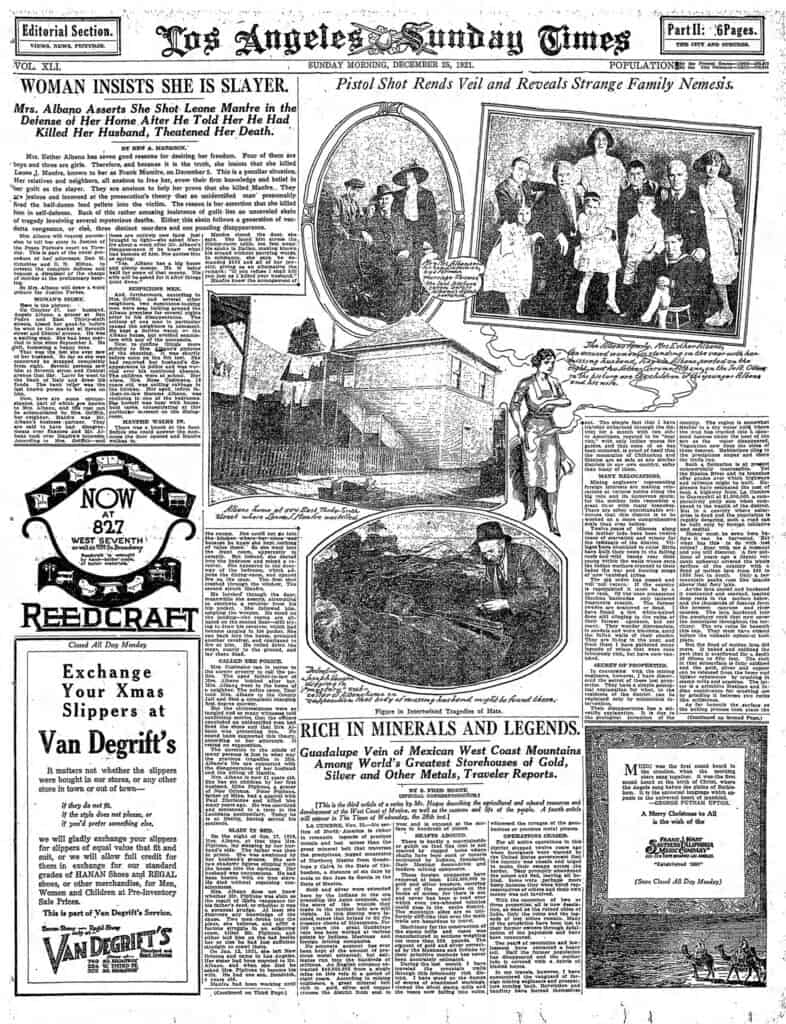 Los Angeles Times, December 25, 1921, page 13: report of the shooting of Leon Joseph Manfre by Esther Albano, formerly m