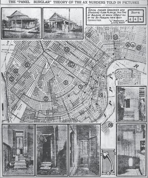 "The 'Panel Burglar' Theory of the Ax Murders Told in Pictures": a 1918 New Orleans newspaper page with a map of the att