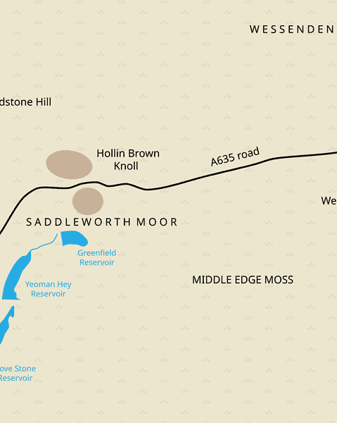 Map of Saddleworth Moor and the surrounding area, showing where Pauline Reade, John Kilbride and Lesley Ann Downey were buried