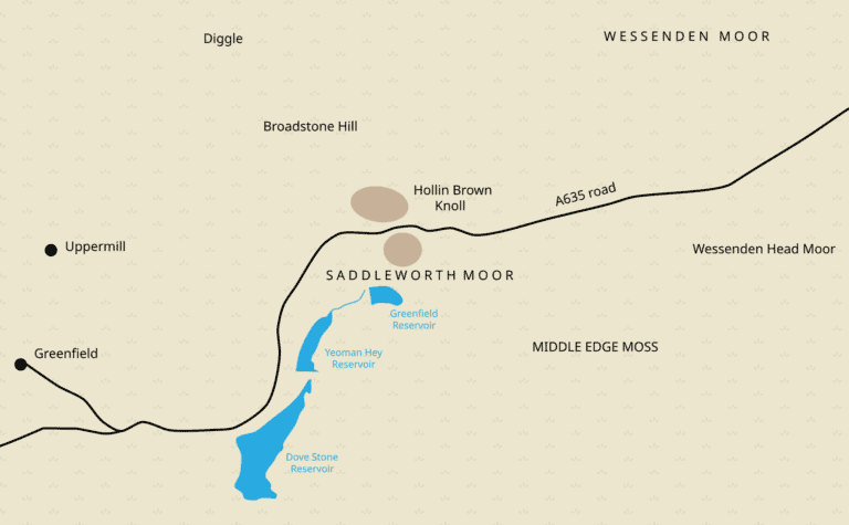 Map of Saddleworth Moor and the surrounding area, showing where Pauline Reade, John Kilbride and Lesley Ann Downey were buried