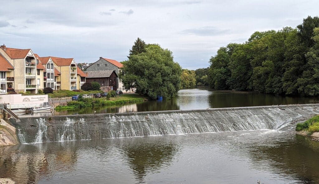 The Fulda River and weir at Rotenburg an der Fulda, Germany.