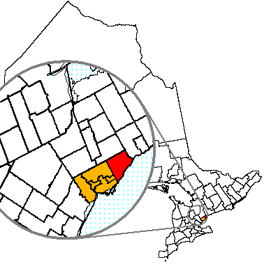 Scarborough (red), a former municipality within en:Toronto (orange) Modified from original en:Image:Onttor.PNG.