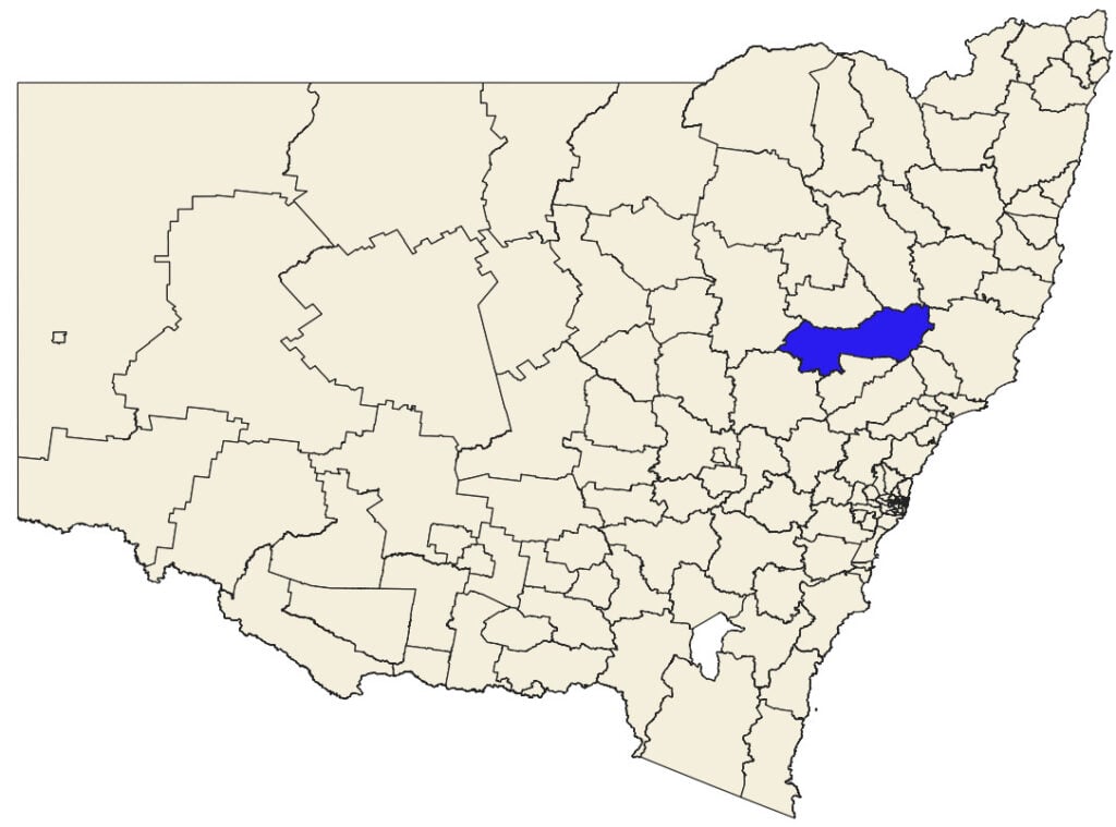 The Upper Hunter Shire, which includes Aberdeen, within New South Wales. Locator map only.