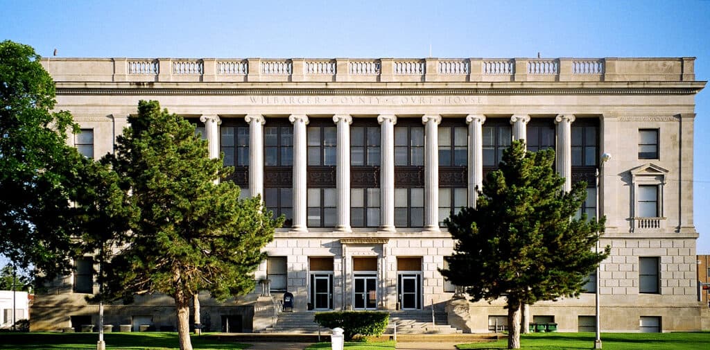 The Wilbarger County Courthouse in Vernon, Texas, the town where Sanchez is held at Vernon State Hospital. Building view