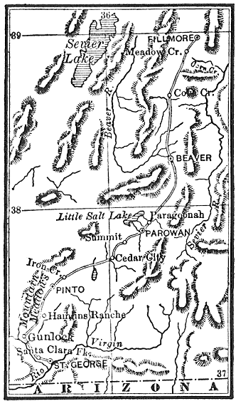 A small 19th century engraved map of southern Utah showing the settlements and routes around Mountain Meadows
