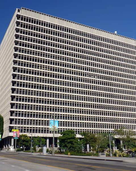 The Clara Shortridge Foltz Criminal Justice Center, a tall white office tower in downtown Los Angeles