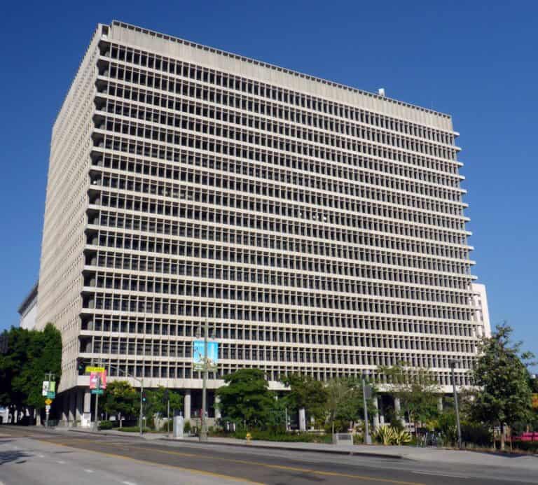 The Clara Shortridge Foltz Criminal Justice Center, a tall white office tower in downtown Los Angeles