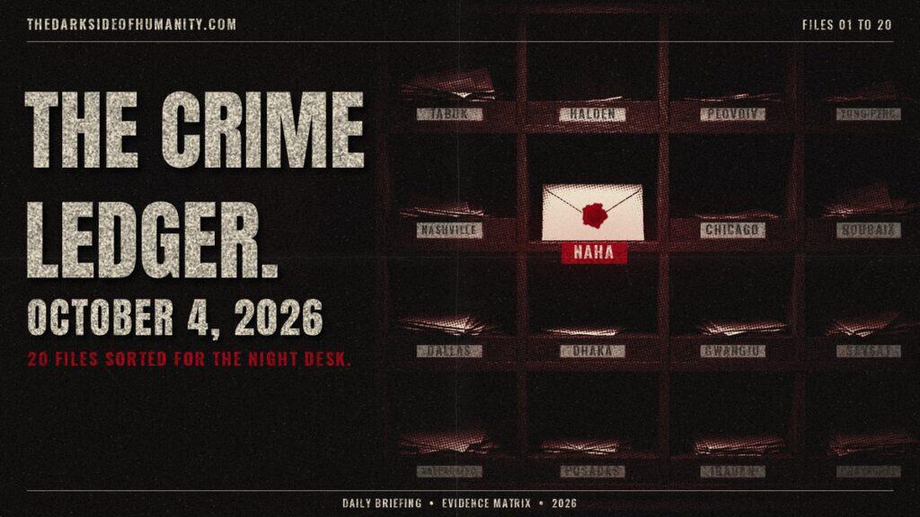 The Crime Ledger, October 4, 2026, from The Dark Side of Humanity. A low-lit wooden pigeonhole mail-sorting rack seen straight on, in charcoal, wine and bone-cream halftone. Each slot holds folded reports above a small cream place label. One slot, labelled NAHA on a wine-red tag, holds a single pale envelope sealed with wine-red wax. On the left: THE CRIME LEDGER., OCTOBER 4, 2026 and 20 FILES SORTED FOR THE NIGHT DESK. Today's 20 places, in card order: Naha, Japan; Nashville, Tennessee; Tabuk, Saudi Arabia; Halden, Norway; Plovdiv, Bulgaria; Yong Peng, Malaysia; Chicago, Illinois; Roubaix, France; Dallas, Texas; Dhaka, Bangladesh; Gwangju, South Korea; Şavşat, Turkey; Valparaíso, Chile; Posadas, Argentina; Ibadan, Nigeria; Francisco Beltrão, Brazil; Huntersville, North Carolina; Prayagraj, India; Pasuruan, Indonesia; Black Hawk County, Iowa.
