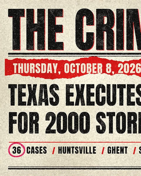 The Crime Ledger, Thursday, October 8, 2026, from The Dark Side of Humanity. A type-only newspaper front page printed on aged cream newsprint with a fold across the middle. A heavy black masthead reads THE CRIME LEDGER across the full width above a black double rule. Below it, a torn red strip carries the date, THURSDAY, OCTOBER 8, 2026, and THEDARKSIDEOFHUMANITY.COM in cream. The main headline, in large black condensed capitals, reads TEXAS EXECUTES JAMAAL HOWARD FOR 2000 STORE KILLING. Under a thin red rule, a line reads 36 CASES, with the 36 circled in hot pink, followed by HUNTSVILLE, GHENT, SYDNEY, HONG KONG, DURBAN and BRASÍLIA. No photographs. Today's 36 places, in card order: Huntsville, Texas; Nashville, Tennessee; Dersingham, England; Ghent, Belgium; Sydney, Australia; Leszczydół-Nowiny, Poland; Cincinnati, Ohio; Rostock, Germany; Durham, North Carolina; Yopal, Colombia; Baltimore, Maryland; Hong Kong; Aldie, Virginia; Teziutlán, Mexico; Southport, North Carolina; Atamelang, South Africa; San Francisco, California; Hingoli, India; Mar Vista, California; Jinju, South Korea; Morgan Hill, California; Preston, England; Bronx, New York; Serangoon, Singapore; Manassas Park, Virginia; Lagelu, Nigeria; Cummings Township, Pennsylvania; Mar del Plata, Argentina; Melfort, Saskatchewan; Gradignan, France; Kerhonkson, New York; Posadas, Argentina; Pasaia, Spain; Columbia Heights, Minnesota; Durban, South Africa; Brasília, Brazil.